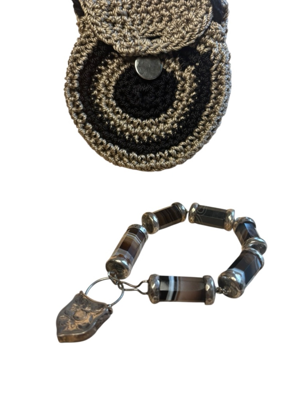Vintage Banded Agate Sterling Silver Bracelet + Handmade Crochet Mini Bag Set